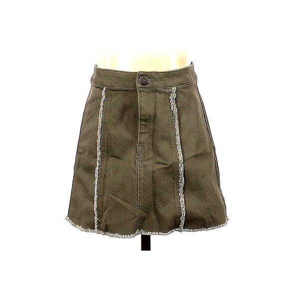 BCBGENERATION Womens Skirt‎ SZ 23 Dusty Olive Raw Fringe Frayed Hem Trim A-Line - Picture 1 of 6